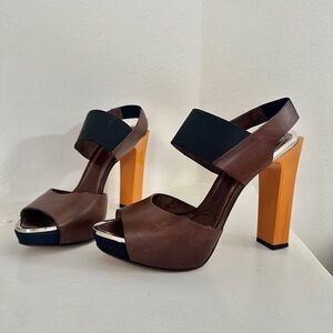 MARNI 🧡🤎 Platform Leather Slingback Heels with Chrome and Patent Accents Size 37